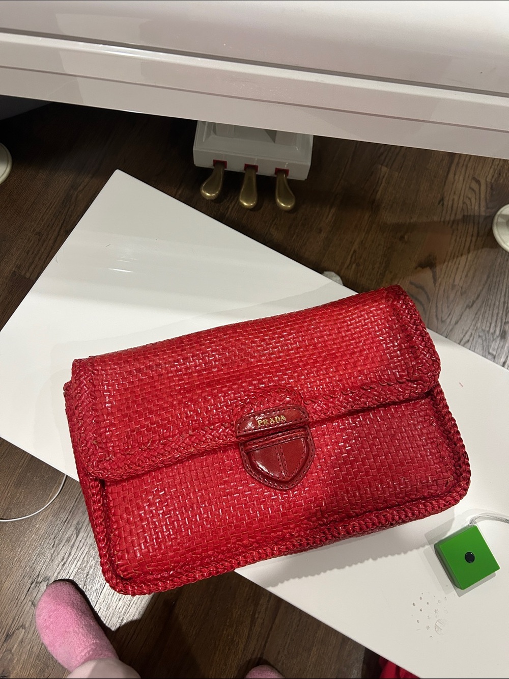 Prada Red Woven Leather Tote Interior Detail